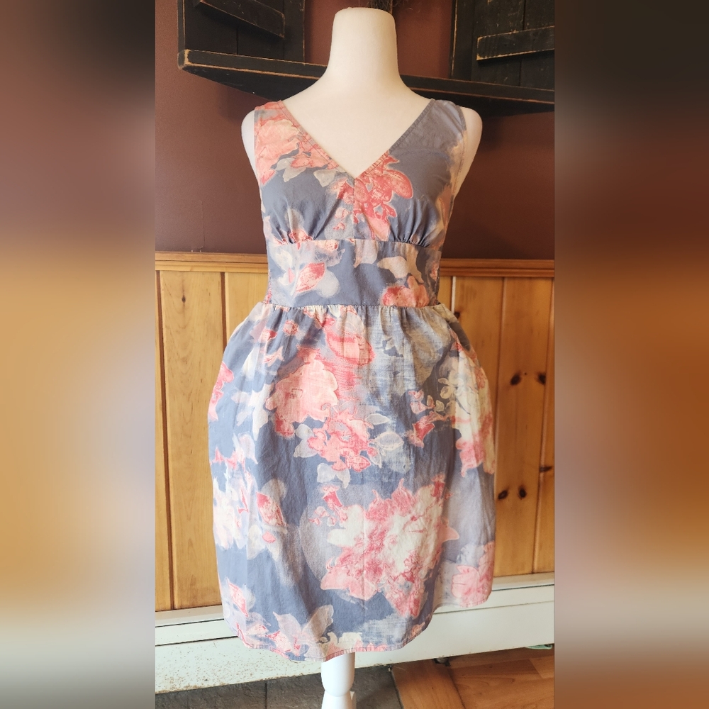 LOFT Dusty Blue + Pink Floral Sundress V Neck Cotton Dress Pockets Size XS